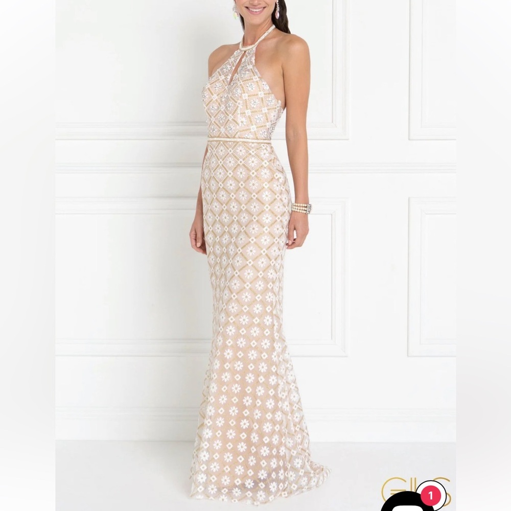 Halter Sequin Floral Embroidered Prom Dress in Champagne